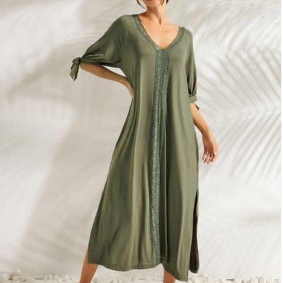 Olive Green Lace Panel Open Tie Sleeve Caftan Maxi Dress - Picture 1 of 13